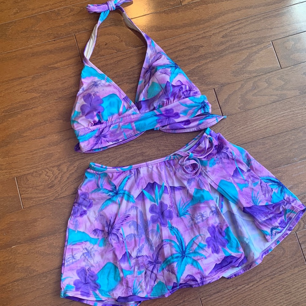 Vintage Liquid Blue Hawaiian Halter Bikini Top & Skirted Bottom Purple Size 8/10